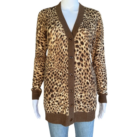 J. Mclaughlin Cashmere Cardigan Sweater Womens sz S Leopard Animal Print V-Neck - Picture 1 of 11